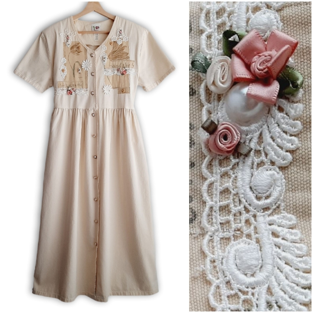 CACTUS 100% Cotton Retro Floral Lace Maxi Length Long Dress Natural Cream Sz M